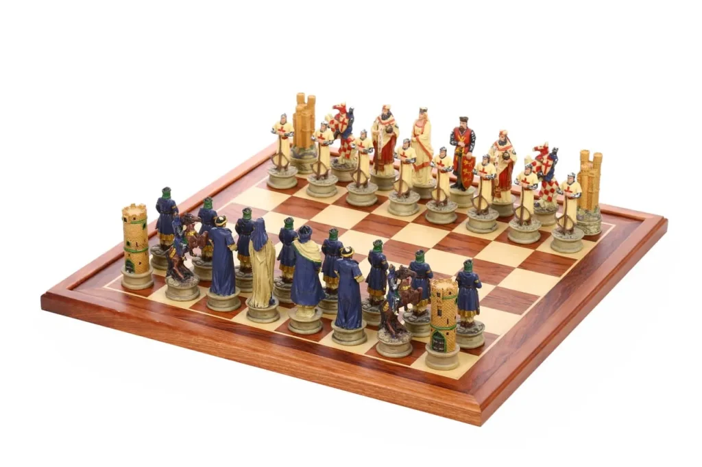 Crusades themed chessmen set highlighting Richard the Lionheart side in full set display