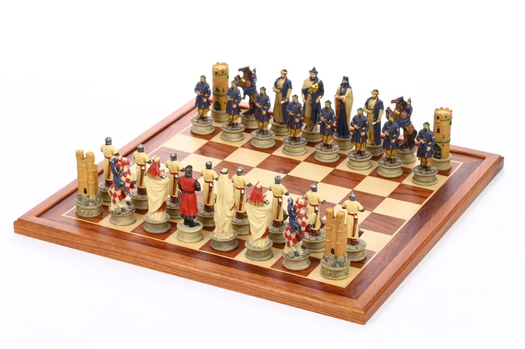 Crusades themed chessmen set highlighting Saladin side in full set display