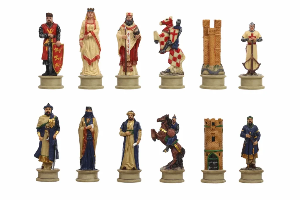 Crusades themed chessmen set featuring Richard the Lionheart and Saladin, hand-painted resin pieces
