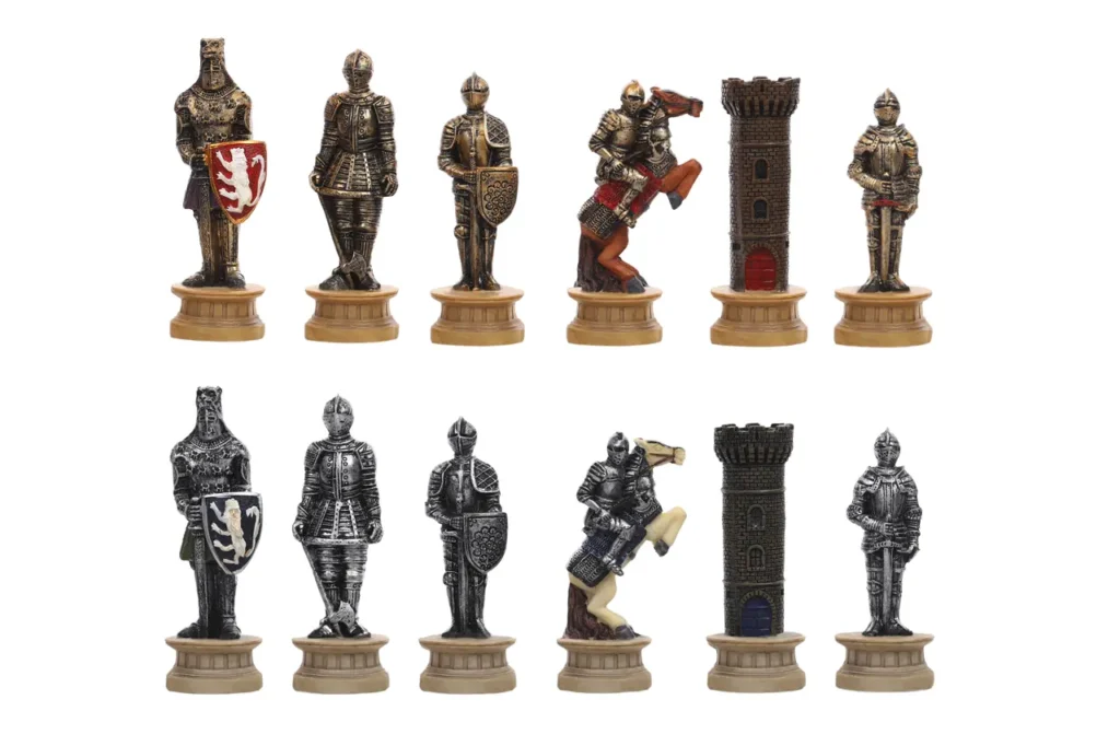 Medieval knight themed resin chessmen with detailed armor and metal finish