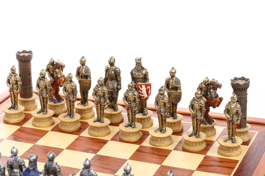 Medieval knight themed Black pieces close-up showing detailed armor and metal finish