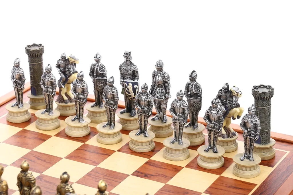 Medieval knight themed White pieces close-up showing detailed armor and metal finish