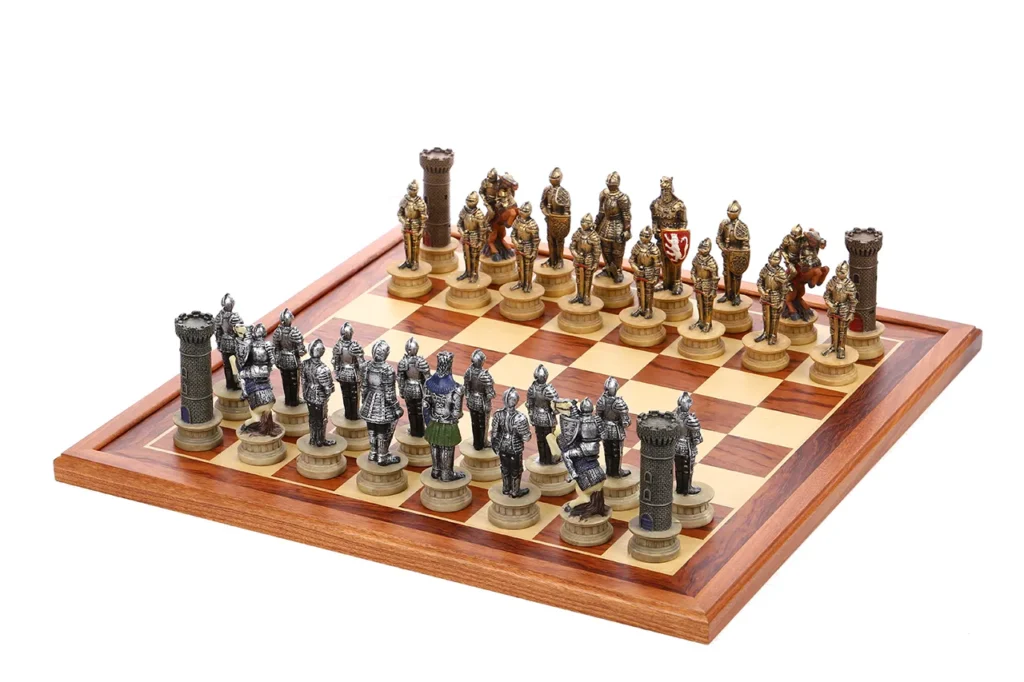 Medieval knight themed chessmen with Black pieces in front and White pieces opposite, full set display