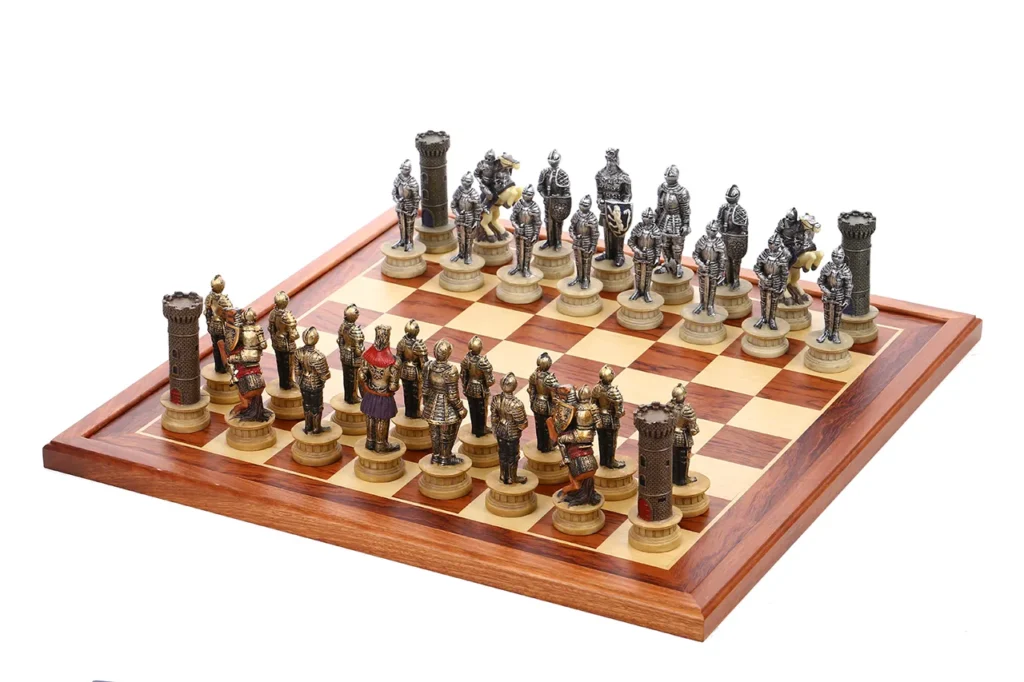 Medieval knight themed chessmen with White pieces in front and Black pieces opposite, full set display