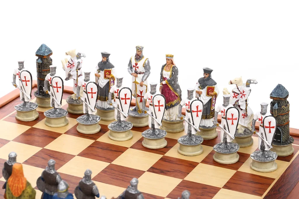 Templar Crusader chessmen close-up showing hand-painted historical details