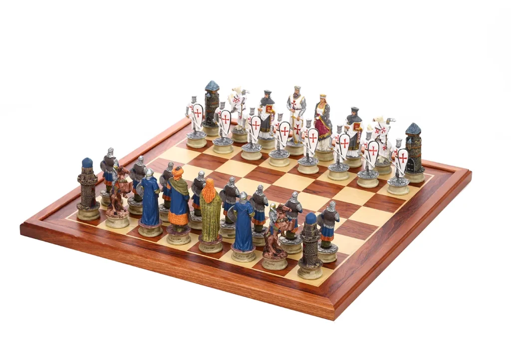 Templar Crusader chessmen in front and Saracen chessmen opposite, full set display