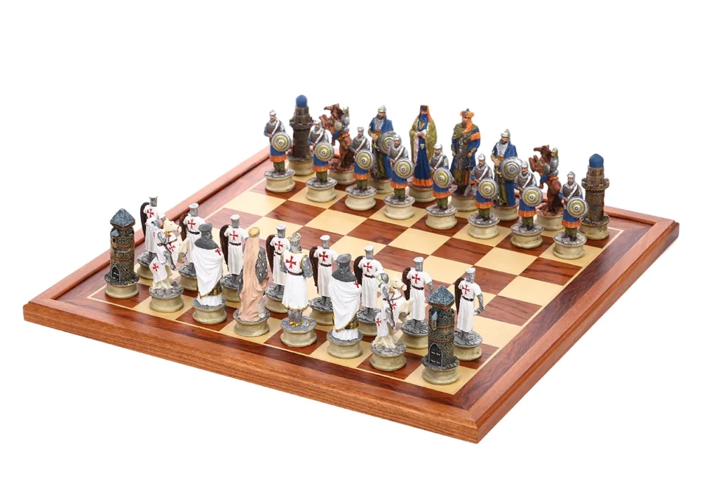 Saracen chessmen in front and Templar Crusader chessmen opposite, full set display
