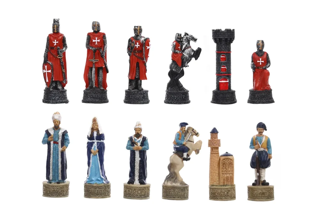 Crusader knight and Ottoman Sultan themed resin chessmen with hand-painted historical figures
