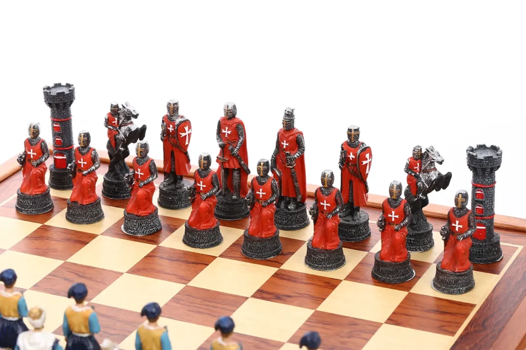 Crusader knight chessmen close-up showing hand-painted historical details