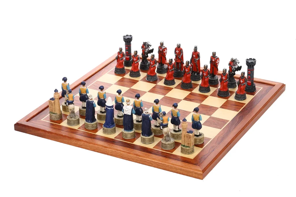 Crusader knight chessmen in front and Ottoman Sultan chessmen opposite, full set display