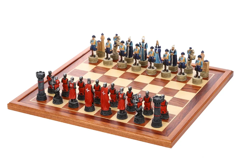 Ottoman Sultan chessmen in front and Crusader knight chessmen opposite, full set display