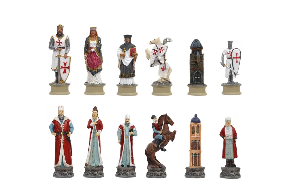 Crusader knight and Ottoman court themed resin chessmen with hand-painted historical figures