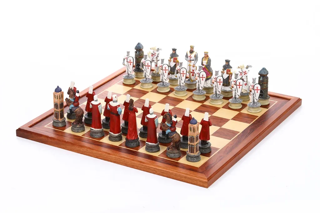 Crusader knight chessmen in front and Ottoman court chessmen opposite, full set display