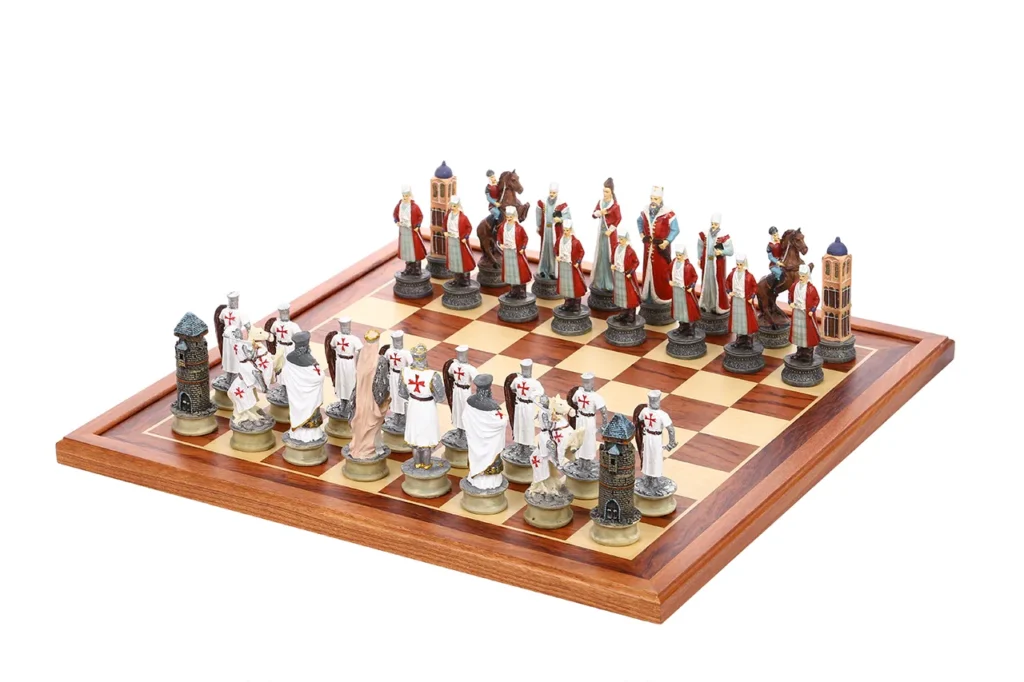 Ottoman court chessmen in front and Crusader knight chessmen opposite, full set display