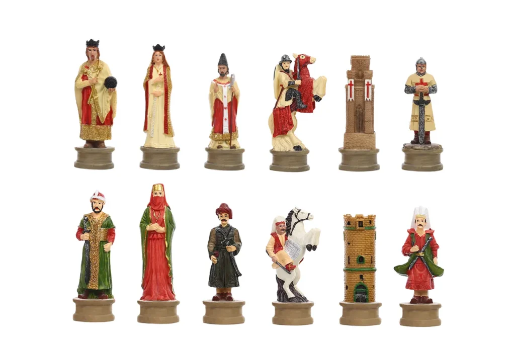 Crusader Kingdom and Middle Eastern court themed resin chessmen with distinctive historical characters