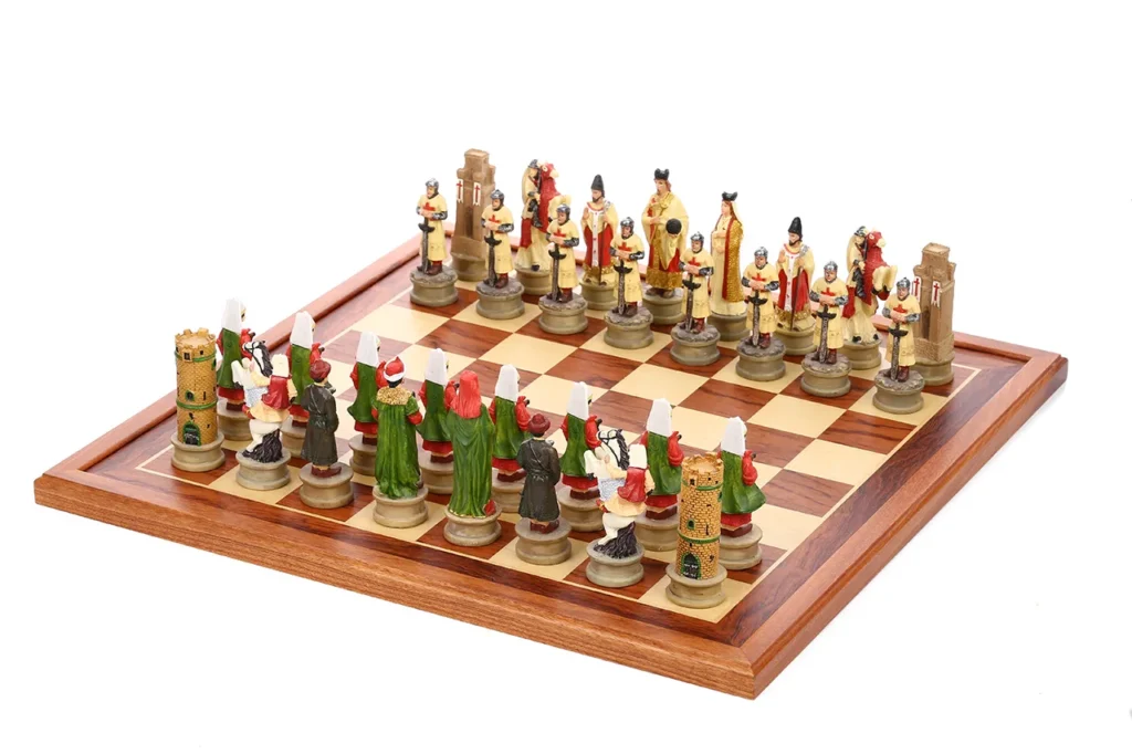 Crusader Kingdom chessmen arranged in front with Middle Eastern court pieces opposite