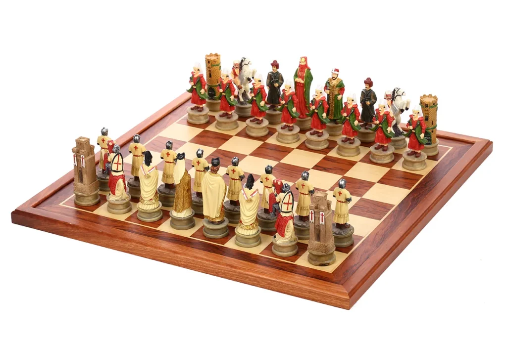 Middle Eastern court chessmen positioned in front with Crusader Kingdom pieces opposite