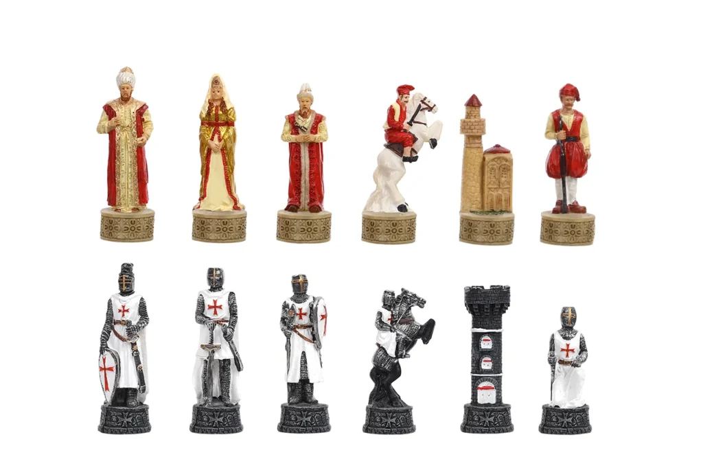 Crusader Templar and Ottoman palace themed resin chessmen with distinctive medieval characters
