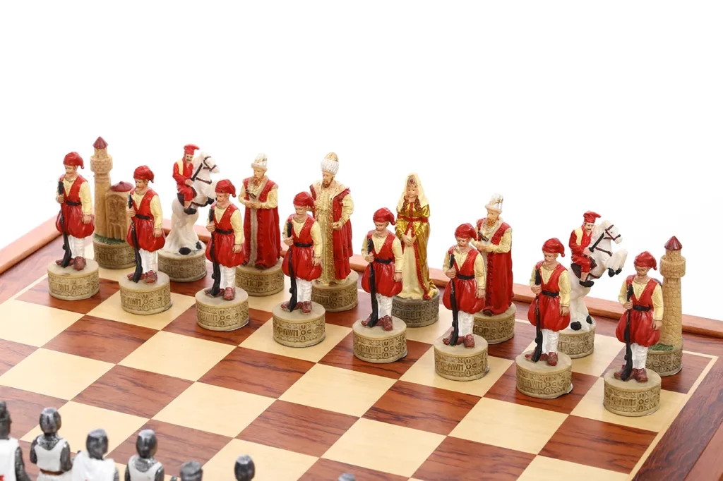Ottoman palace chessmen close-up highlighting royal costume and character details