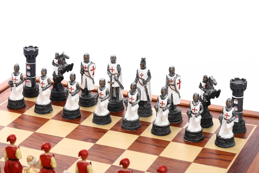 Crusader Templar chessmen close-up featuring detailed armor and costume styling