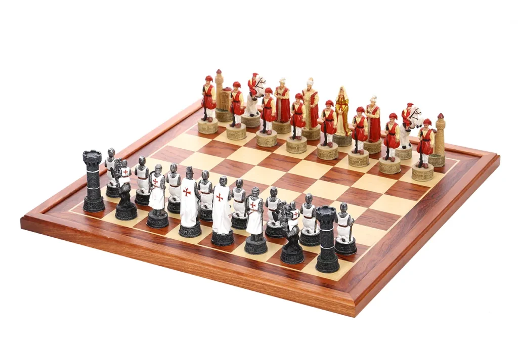 Ottoman palace chessmen positioned in front with Crusader Templar pieces opposite