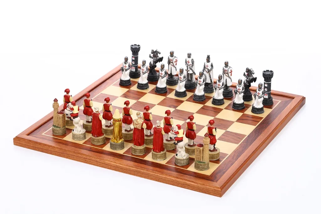 Crusader Templar chessmen arranged in front with Ottoman palace pieces opposite