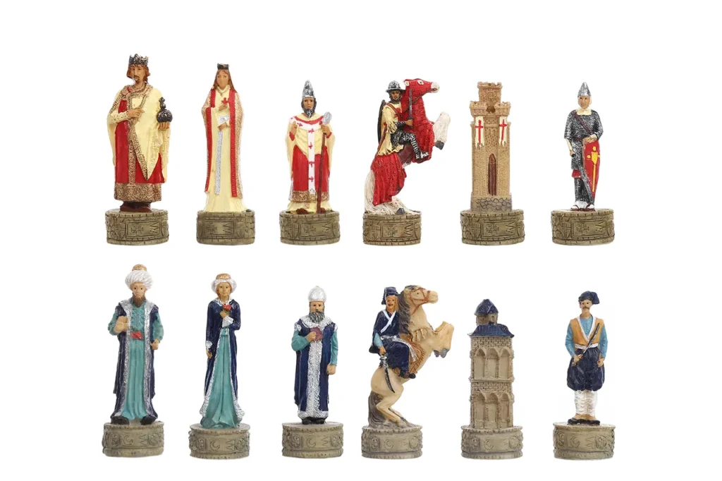 Crusader royal court and Ottoman nobility themed resin chessmen with distinctive historical figures