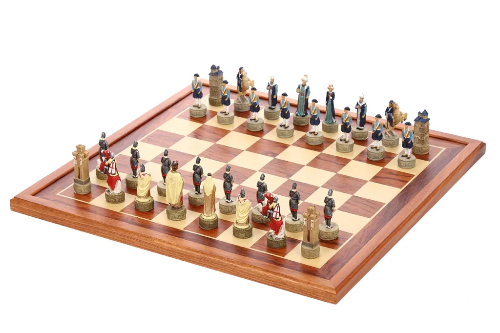 Ottoman nobility chessmen positioned in front with Crusader royal court pieces opposite