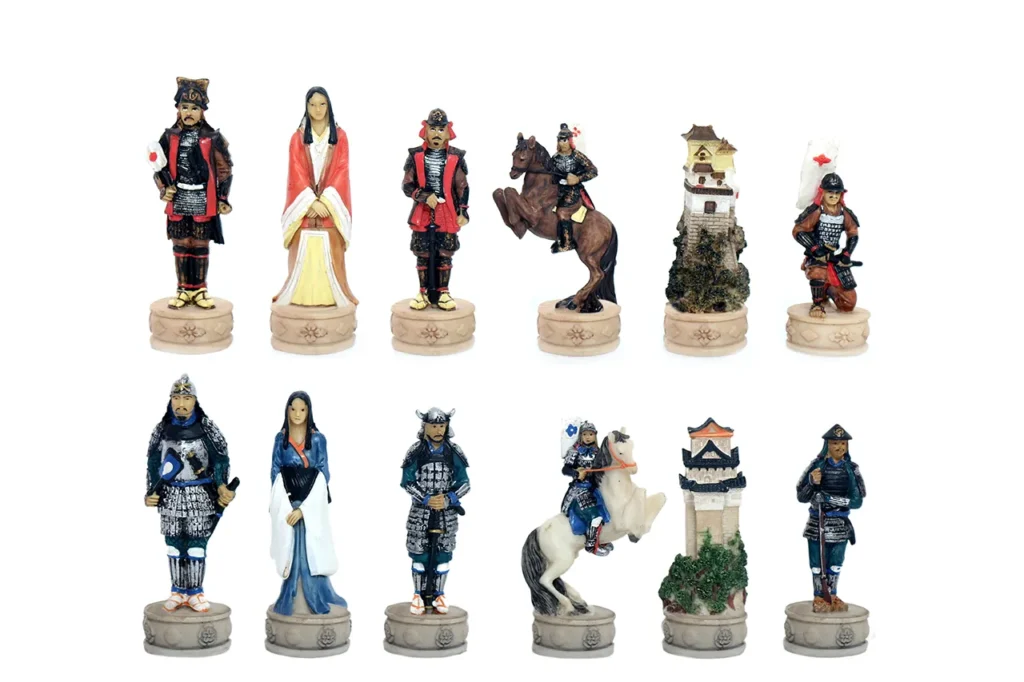 Sengoku Period themed resin chessmen featuring daimyo leaders, samurai clans, and Japanese castle elements