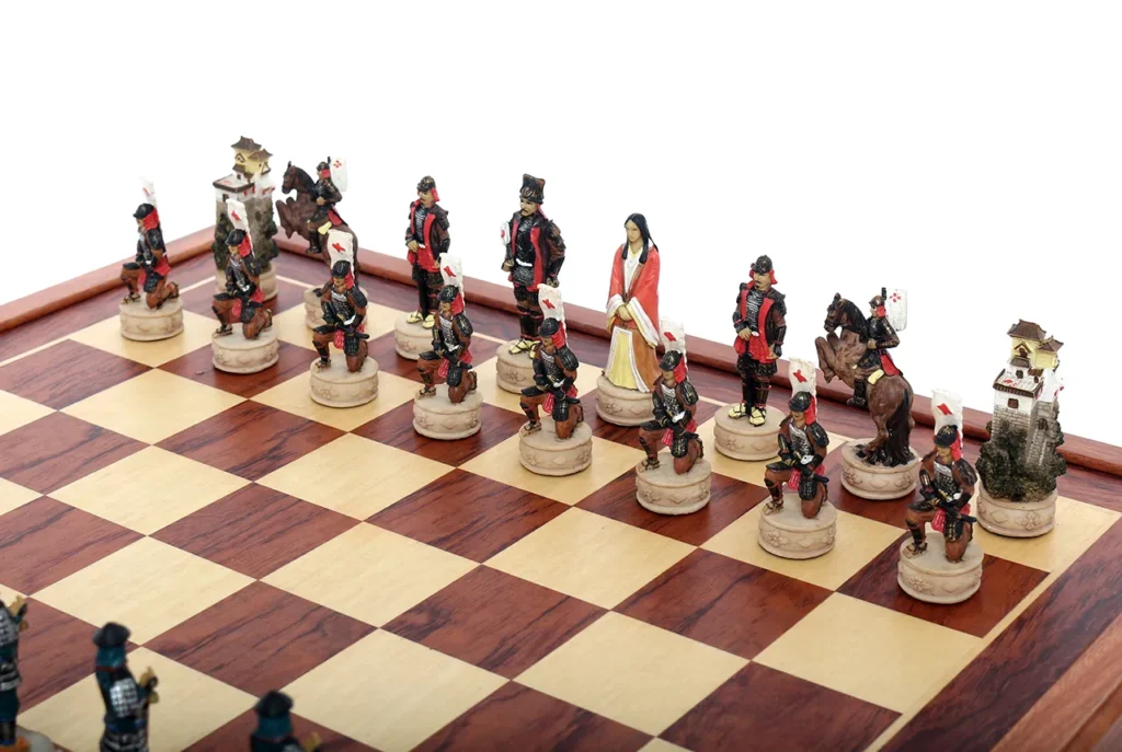 Sengoku Period daimyo side chessmen close-up featuring samurai armor, noble figures, and mounted warrior details