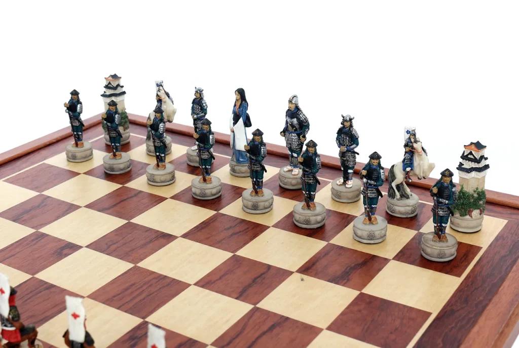 Sengoku Period samurai clan chessmen close-up highlighting armored warriors, noble ladies, and Japanese castle styling