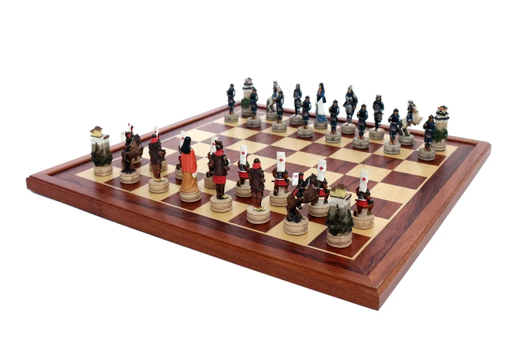 Sengoku Period chessmen positioned with the samurai clan in front and the daimyo side opposite