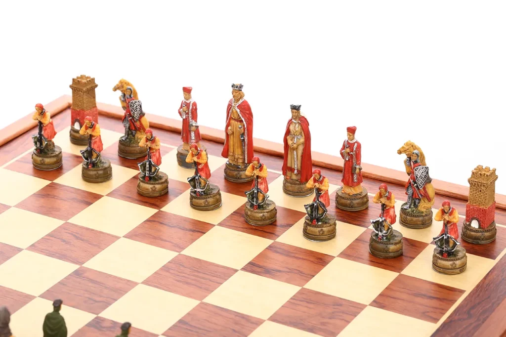 Norman chessmen close-up featuring royal court figures, mounted warriors, and medieval tower elements