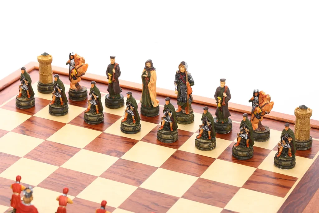 Anglo-Saxon chessmen close-up highlighting noble figures, mounted warriors, and early English tower details