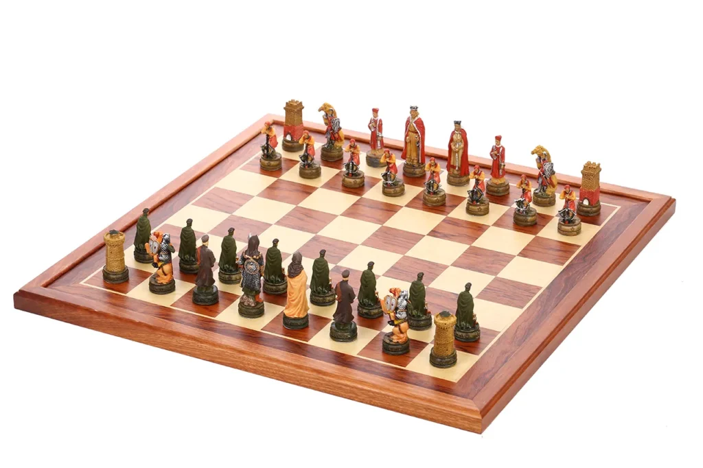 Norman chessmen arranged in front with Anglo-Saxon pieces opposite in opposing formation