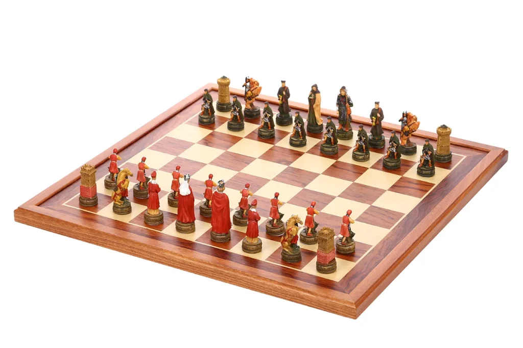 Anglo-Saxon chessmen positioned in front with Norman pieces opposite in opposing formation