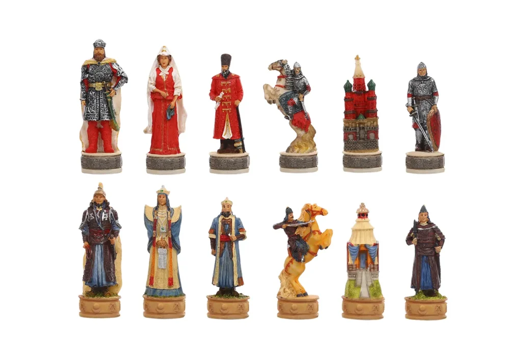Mongol Invasion themed resin chessmen featuring Kievan Rus and Mongol Empire historical figures