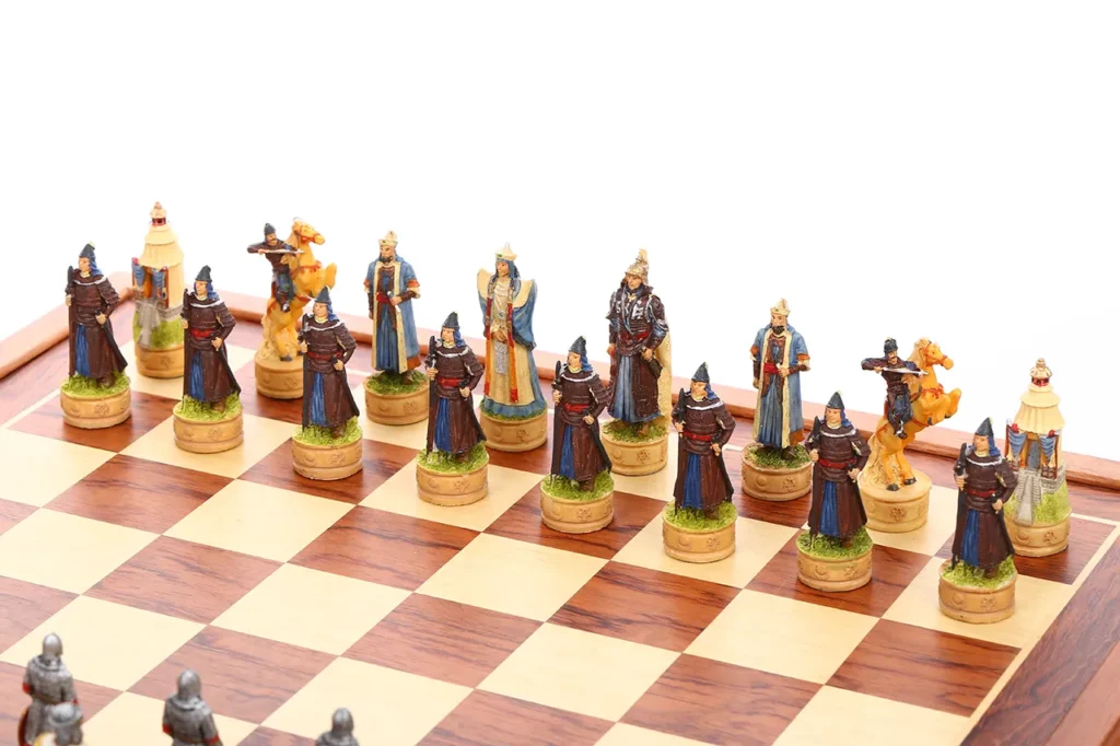 Mongol Empire chessmen close-up highlighting steppe rulers, mounted archers, and traditional nomadic styling