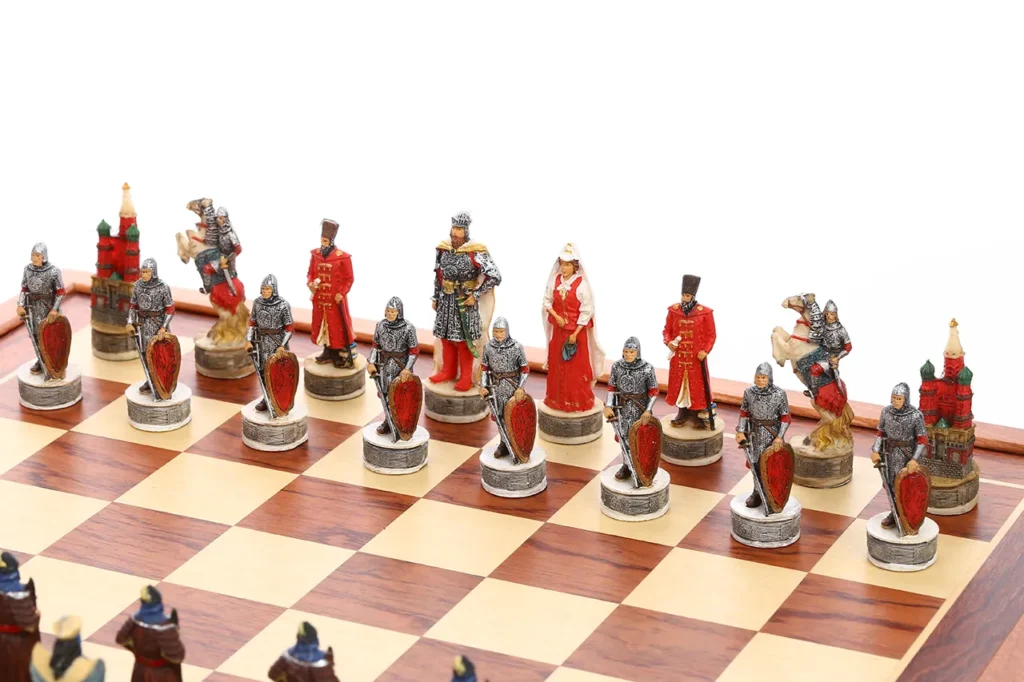 Kievan Rus chessmen close-up featuring medieval Russian court figures, armored warriors, and fortress-inspired elements