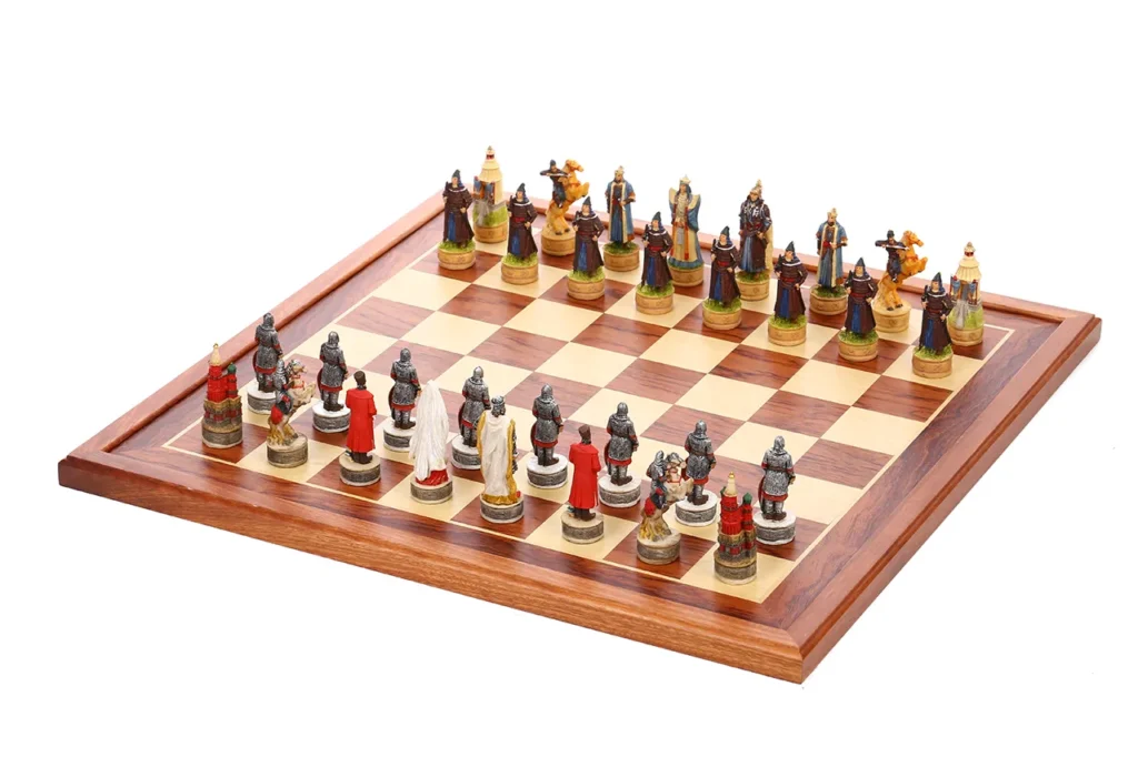 Mongol Empire chessmen positioned in front with Kievan Rus pieces opposite in opposing formation