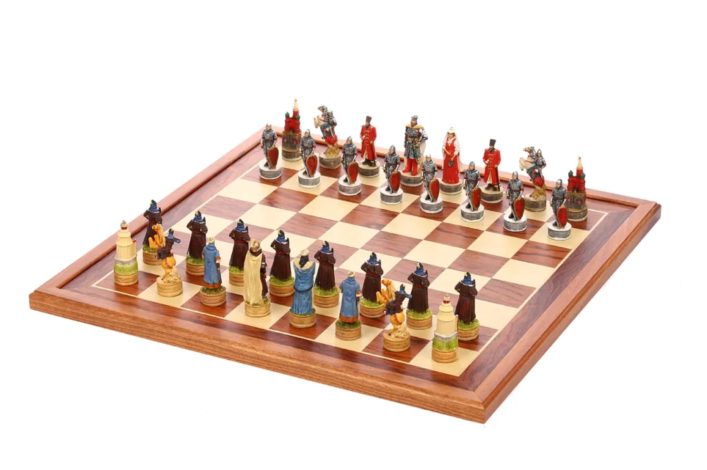 Kievan Rus chessmen arranged in front with Mongol Empire pieces opposite in opposing formation