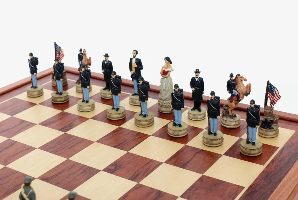 Union chessmen close-up featuring Civil War leaders, cavalry, infantry, and patriotic flag elements