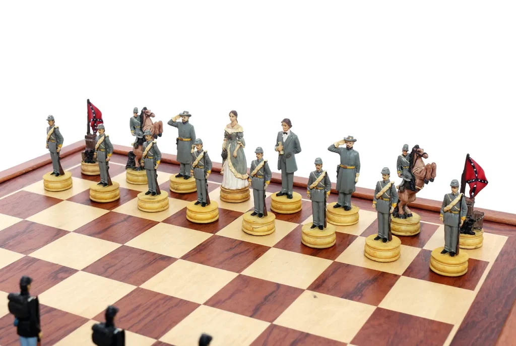 Confederacy chessmen close-up highlighting Civil War officers, cavalry, infantry, and Confederate flag elements