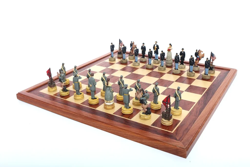 Union chessmen arranged in front with Confederacy pieces opposite in Civil War formation